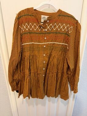 Layerz Boho Button-Front Mustard Striped Smocked Tiered Blouse with Fall Vibes